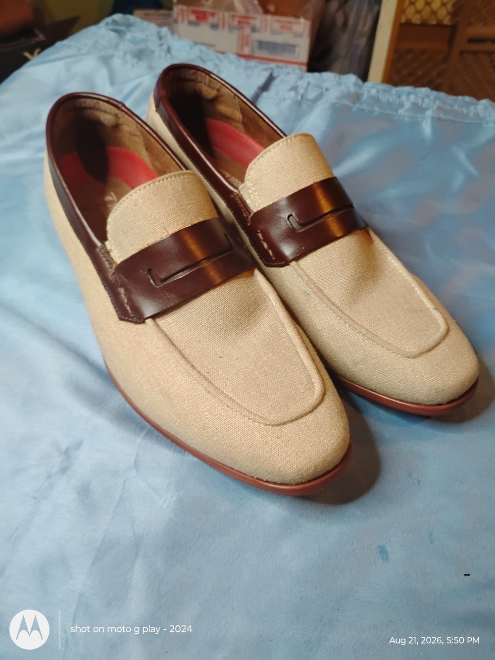 Stacy Adams Beige Canvas Penny Loafers with Brown Trim